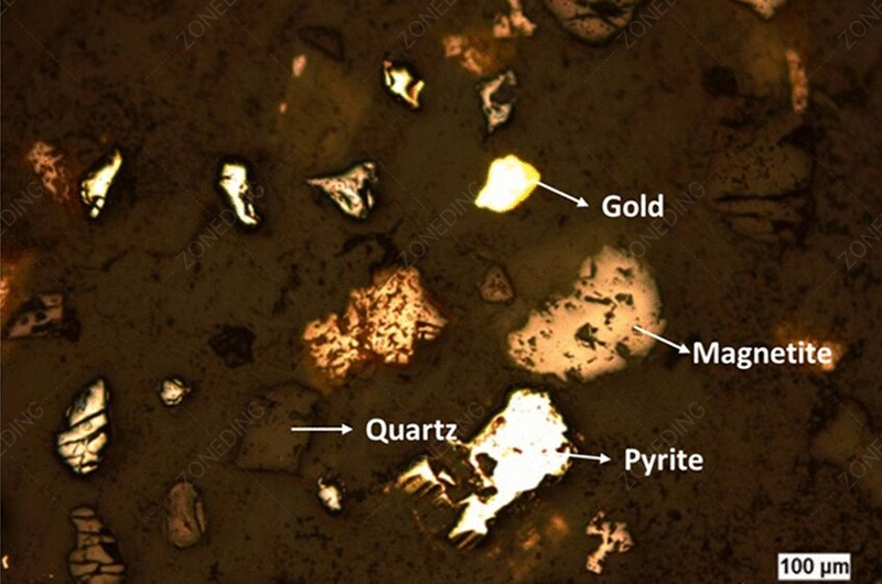 Microscopic image of gold ore showing gold particles