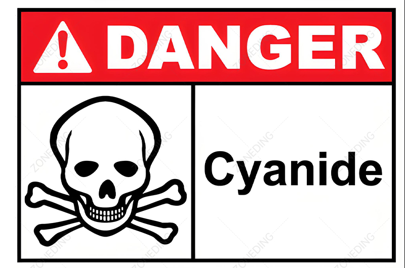 safety signage near a cyanide storage area or a well-maintained tailings dam