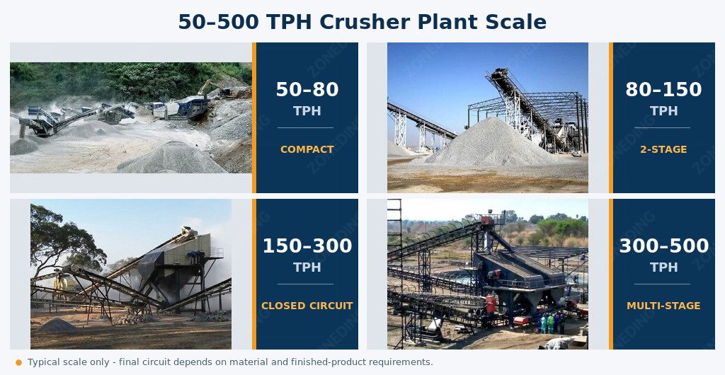 Reference crusher plant configurations from 50 to 500 TPH, illustrating how crushing stages and equipment selection change with capacity and aggregate production requirements.