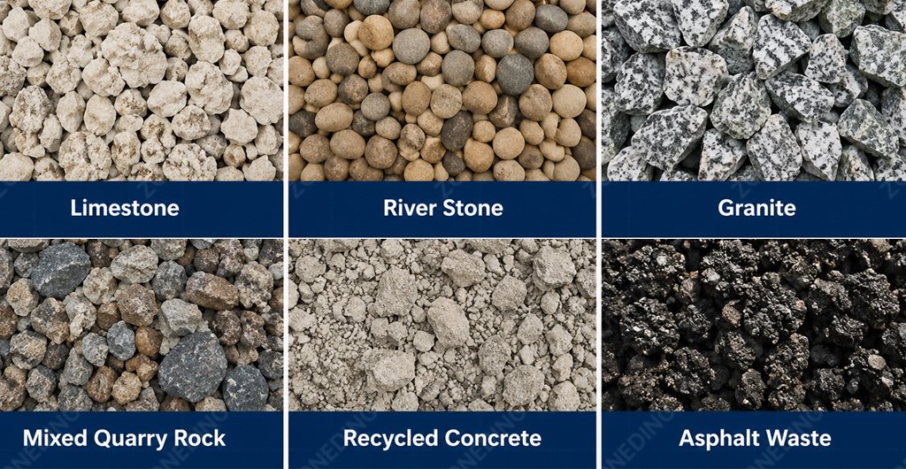 Limestone river stone granite and recycled concrete for mobile crushing