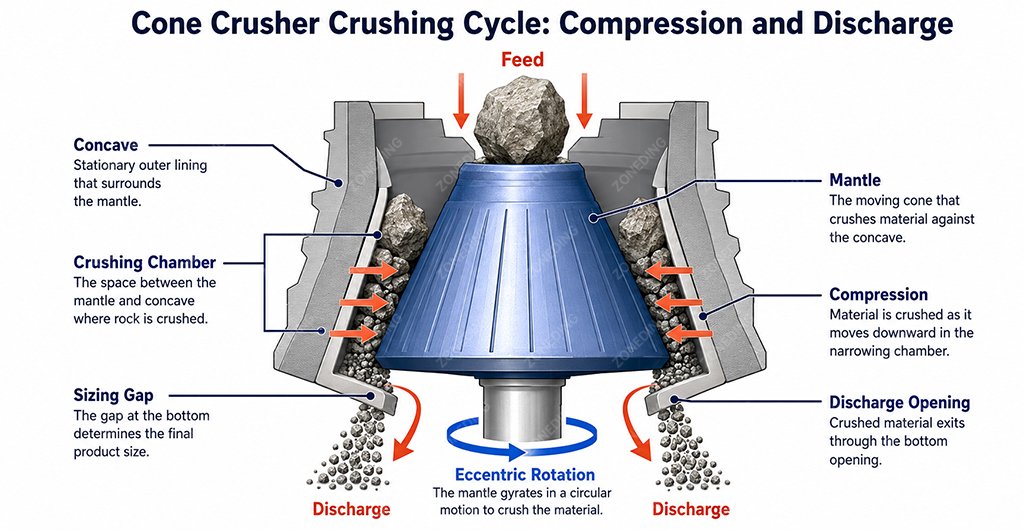 Cone crusher crushing cycle showing material compression and discharge