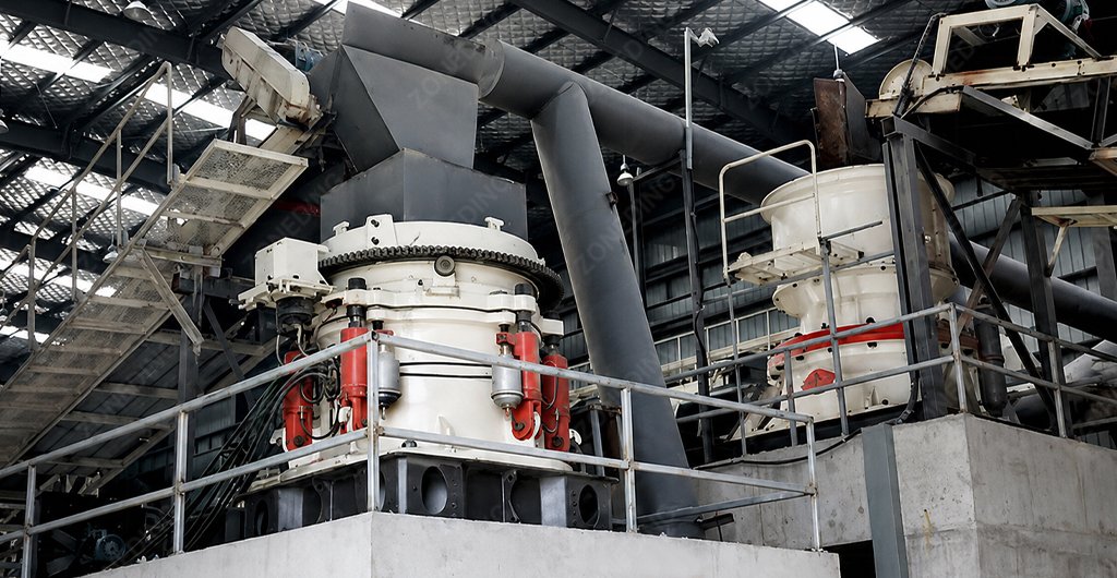 Cone crusher processing aggregate in a quarry operation