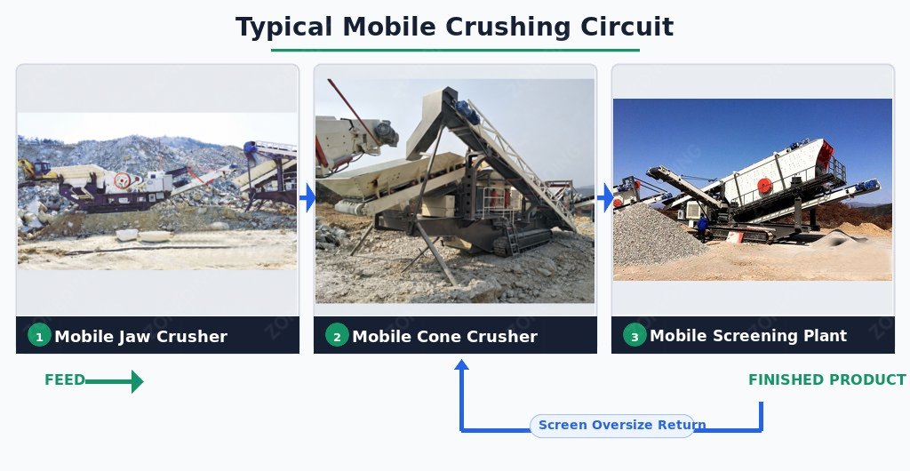 Mobile jaw crusher, cone crusher and closed-circuit screen for Chile hard rock