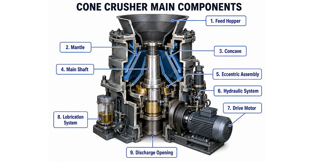 Main parts of a cone crusher including mantle concave shaft and eccentric assembly
