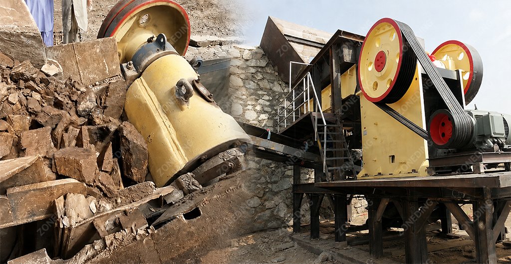 Jaw crusher processing large limestone rocks in primary crushing stage
