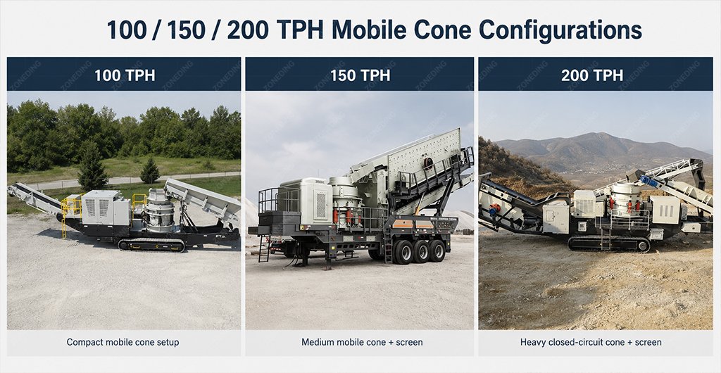 100 150 and 200 TPH mobile cone crusher configurations for hard rock