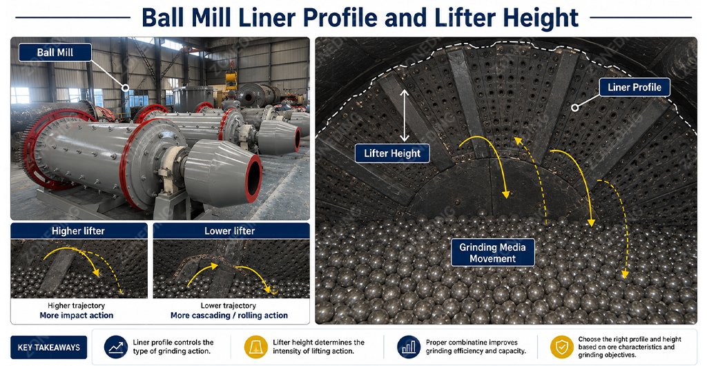Ball mill liner profile and lifter height affecting grinding media movement