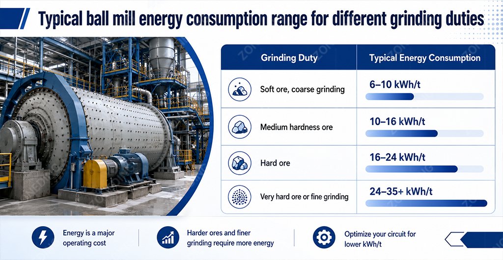 Ball mill energy consumption range