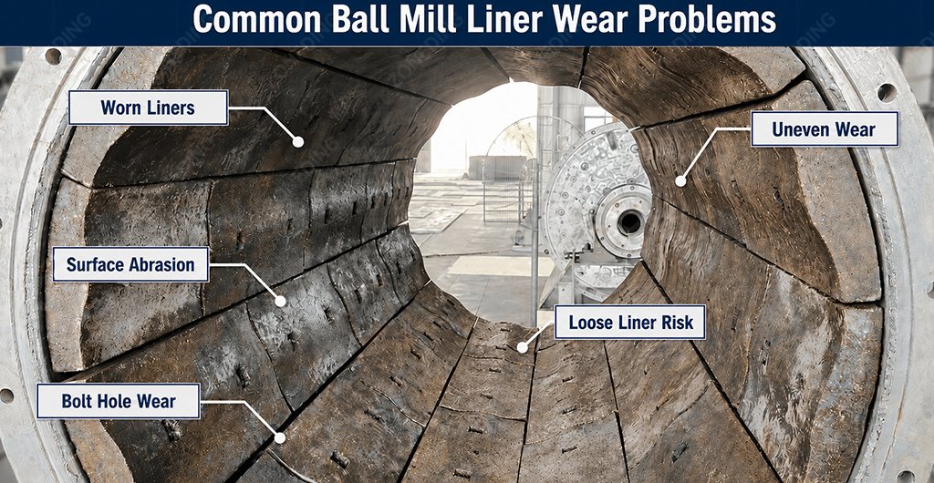 Common ball mill liner wear problems including cracking uneven wear and worn lifters