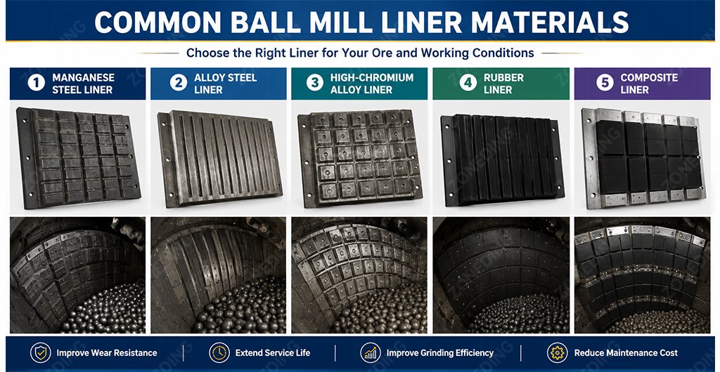 Common ball mill liner materials including manganese steel alloy steel rubber and composite liners