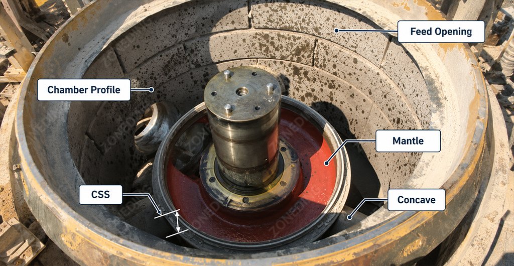 Cone crusher chamber profile feed opening and closed-side setting