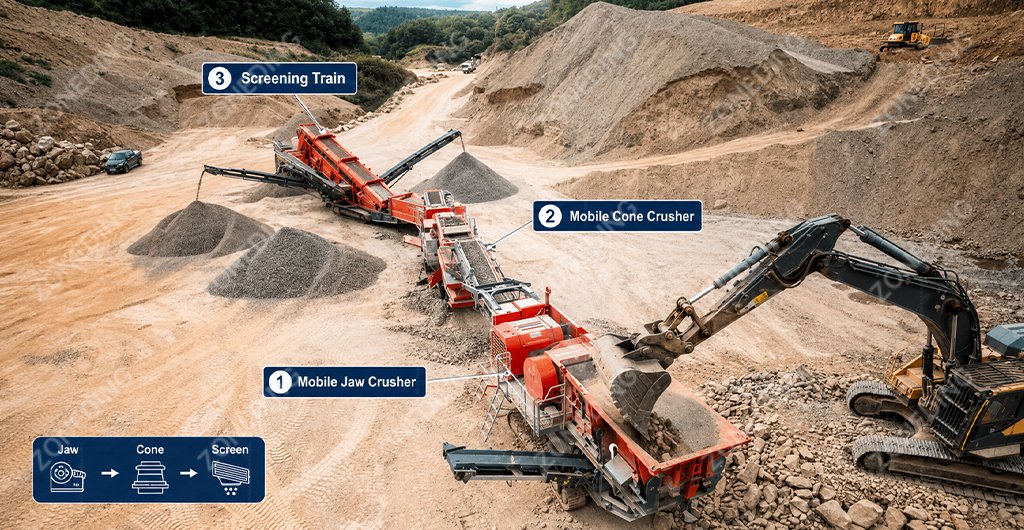 Mobile jaw crusher feeding a mobile cone crusher through controlled transfer