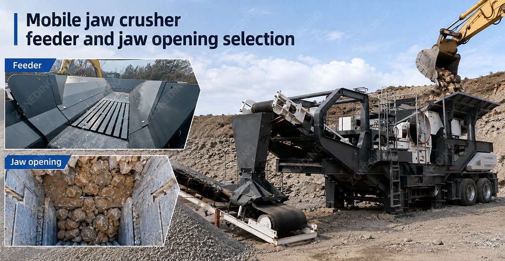 Mobile jaw crusher feeder and jaw opening selected for feed size and capacity