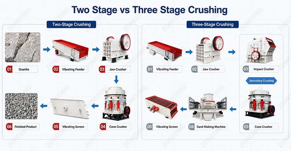 Comparison of two-stage and three-stage crushing plant layouts