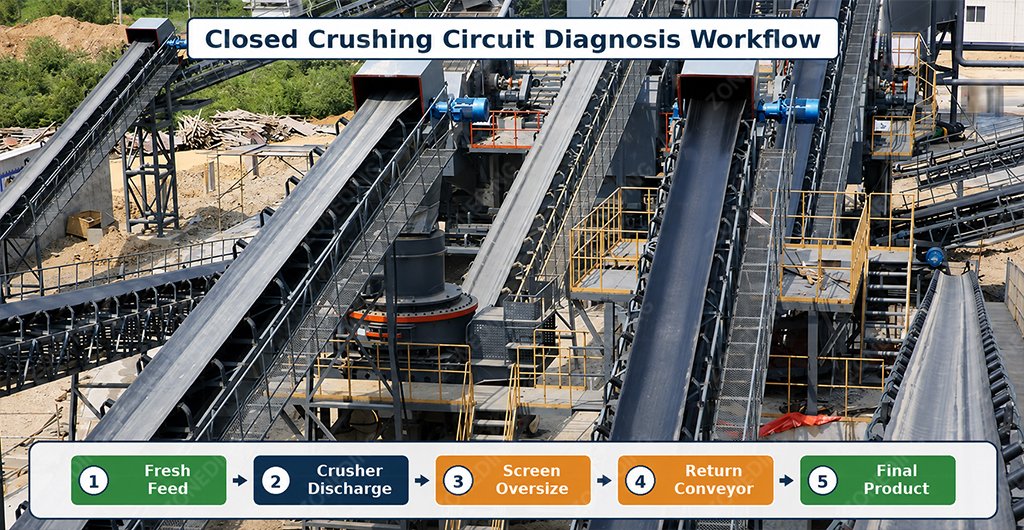 Step-by-step closed crushing circuit diagnosis and optimization workflow