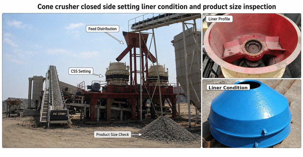 Cone crusher closed side setting liner condition and product size inspection