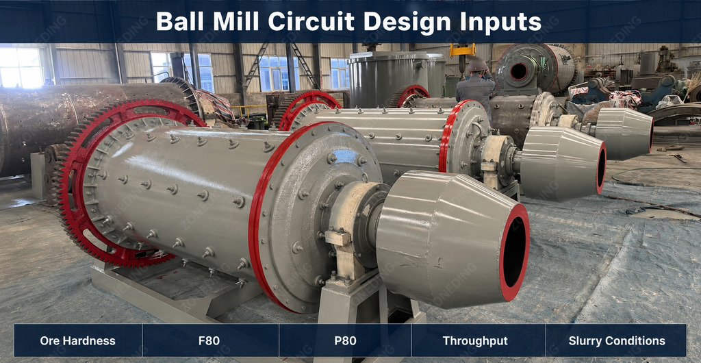 Ball mill circuit design inputs including ore hardness F80 P80 throughput and slurry conditions