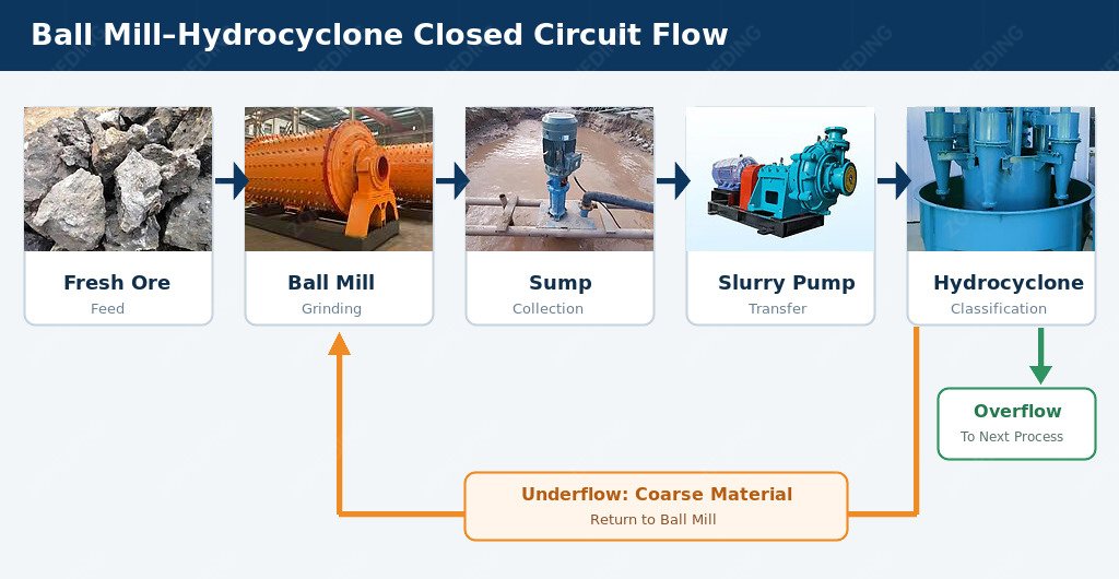 Ball mill sump slurry pump and hydrocyclone closed circuit flow