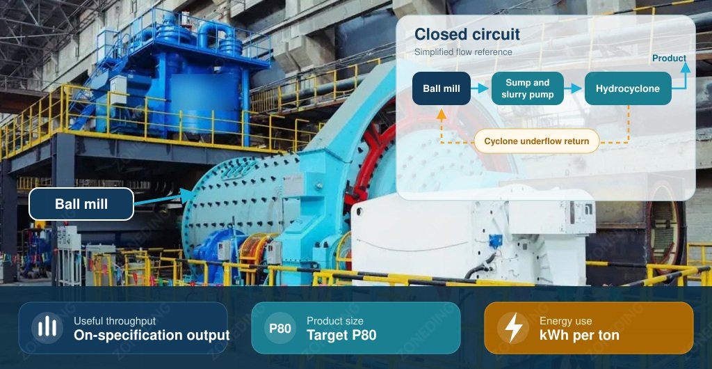 Useful throughput, target P80 and kWh per ton should be evaluated together