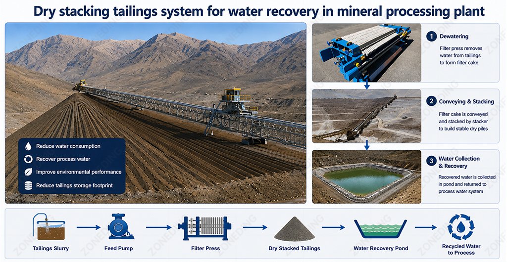 Dry stacking tailings system for water recovery in mineral processing plant