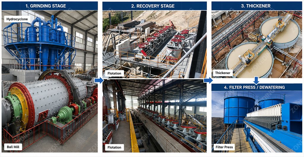 Gold tailings reprocessing equipment with grinding and recovery stages