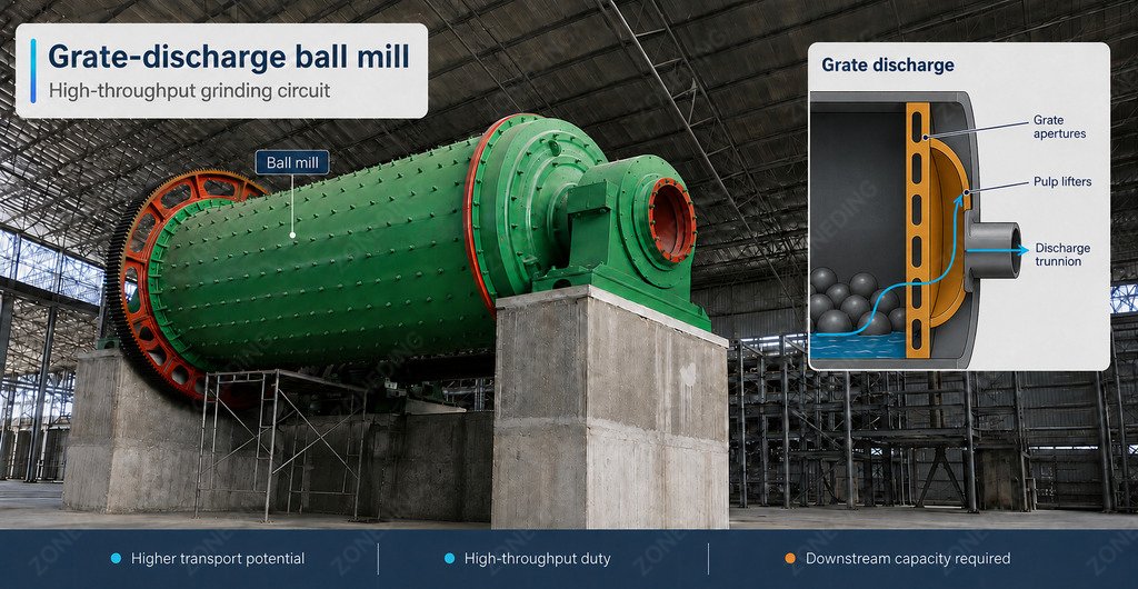 Grate-discharge ball mill in a high-throughput grinding circuit