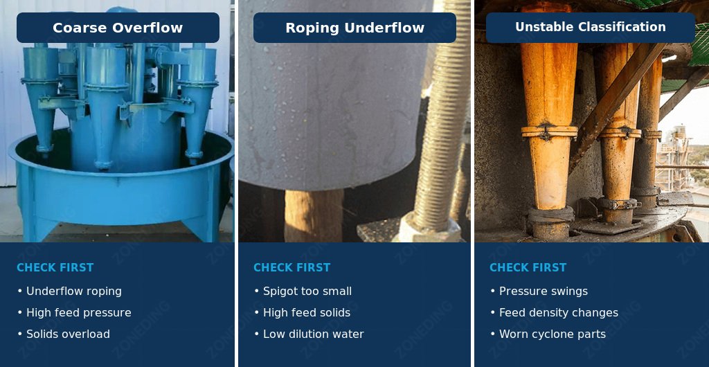 Hydrocyclone troubleshooting for coarse overflow roping and unstable classification