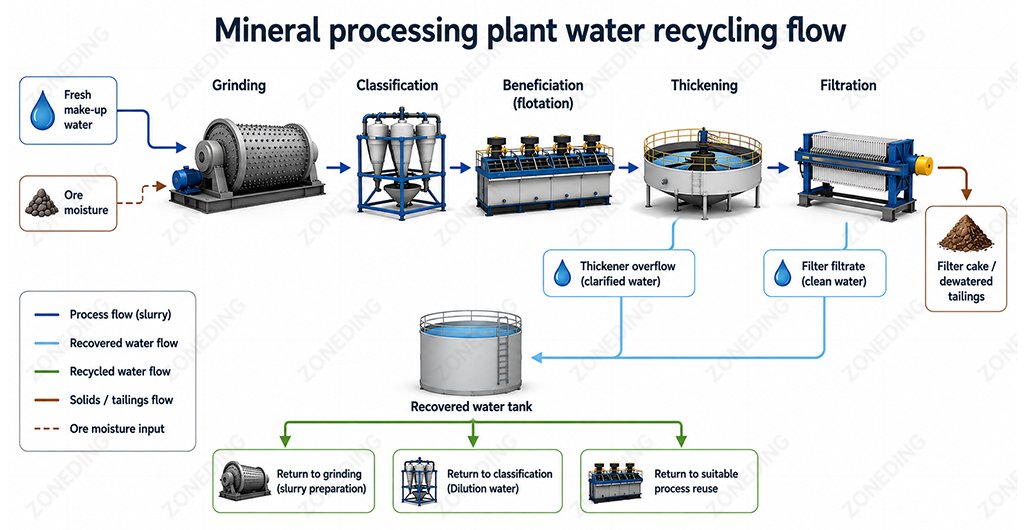 Mineral processing plant water recycling flow with thickening and filtration