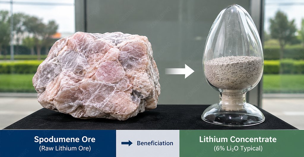 Hard rock spodumene ore processing and beneficiation flow