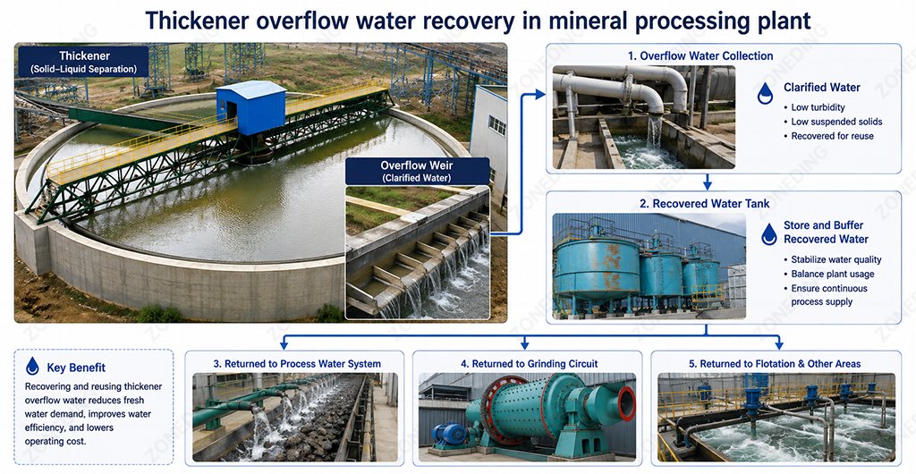 Thickener overflow water recovery in mineral processing plant