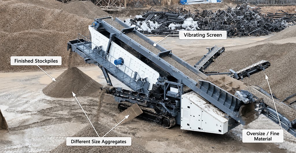 Vibrating screen controlling aggregate gradation in a crushing plant