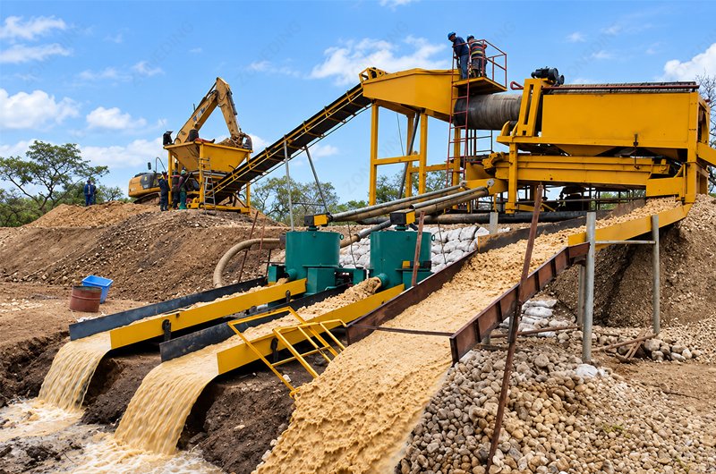 Alluvial gold washing plant operating in the field