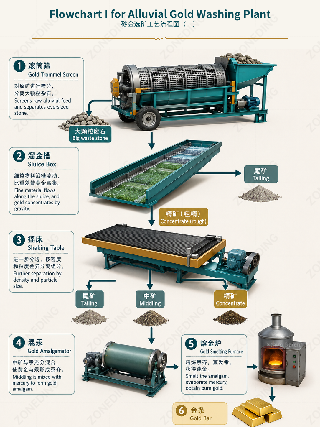 This flowsheet is suitable for simple alluvial gold ore with relatively coarse gold particles and lower process complexity.