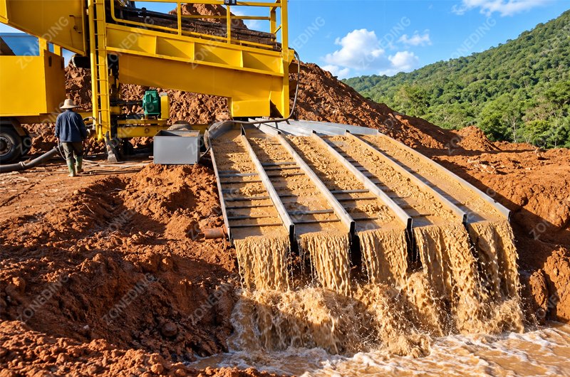Gold wash plant sluice box in field operation